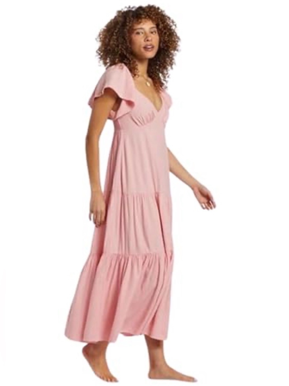 Billabong Coral Smocked Tiered Maxi Dress Flutter Sleeve‎ ~ Size XS